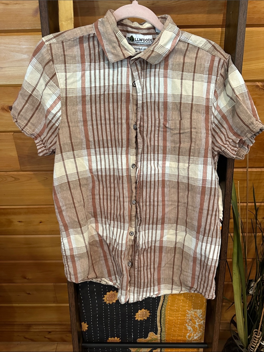 TAllwoods washable linen men’s Short-Sleeve Plaid Button-Down Shirt